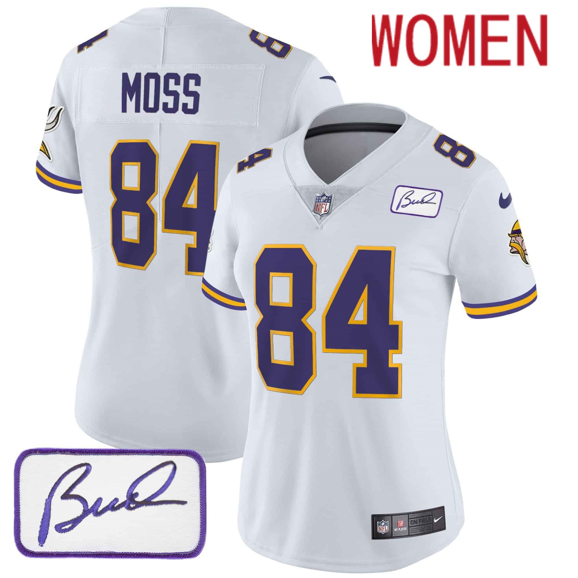 Women Minnesota Vikings #84 Moss White 2024 Nike Bud Grant Patch Classic Limited NFL Jersey style 1->women nfl jersey->Women Jersey